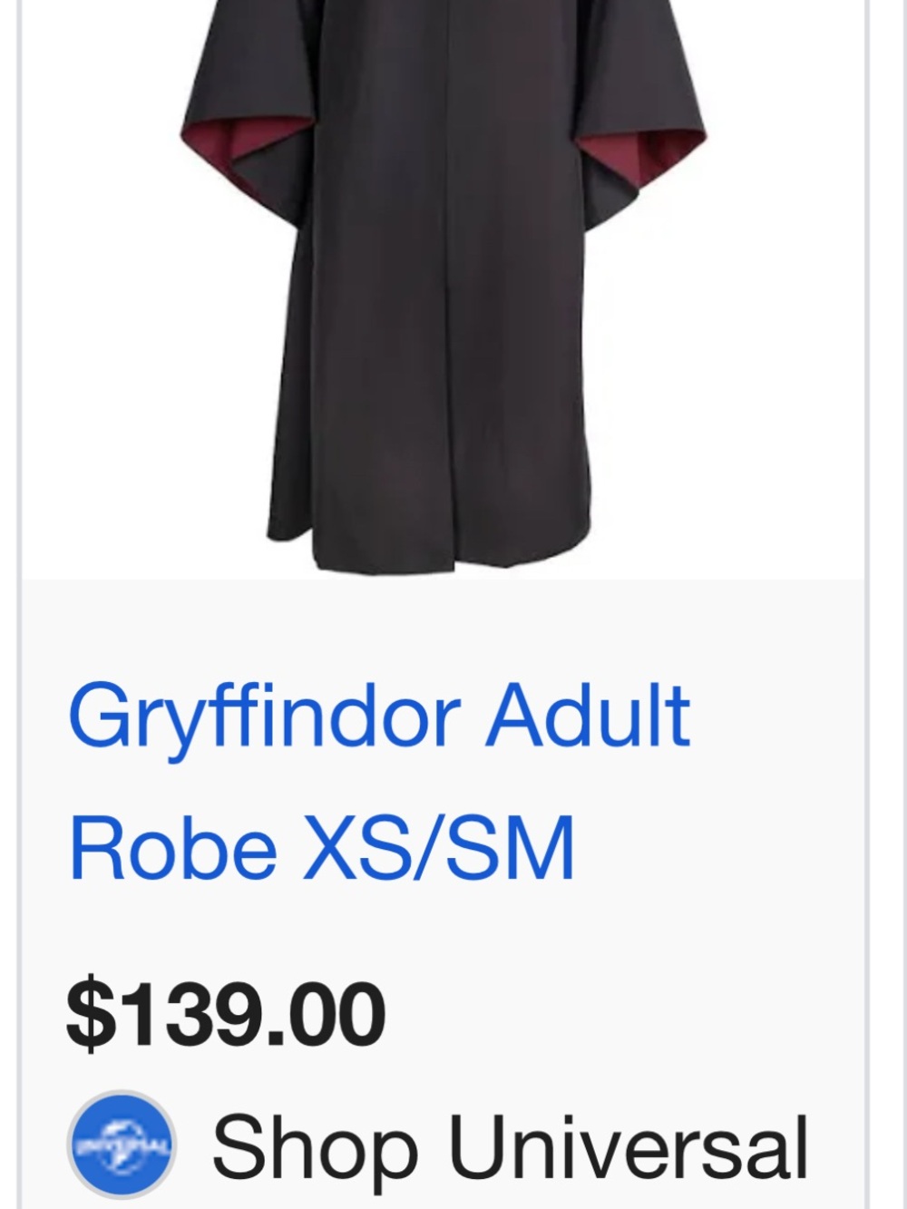 Gryffindor Robe in Black with Red Lining